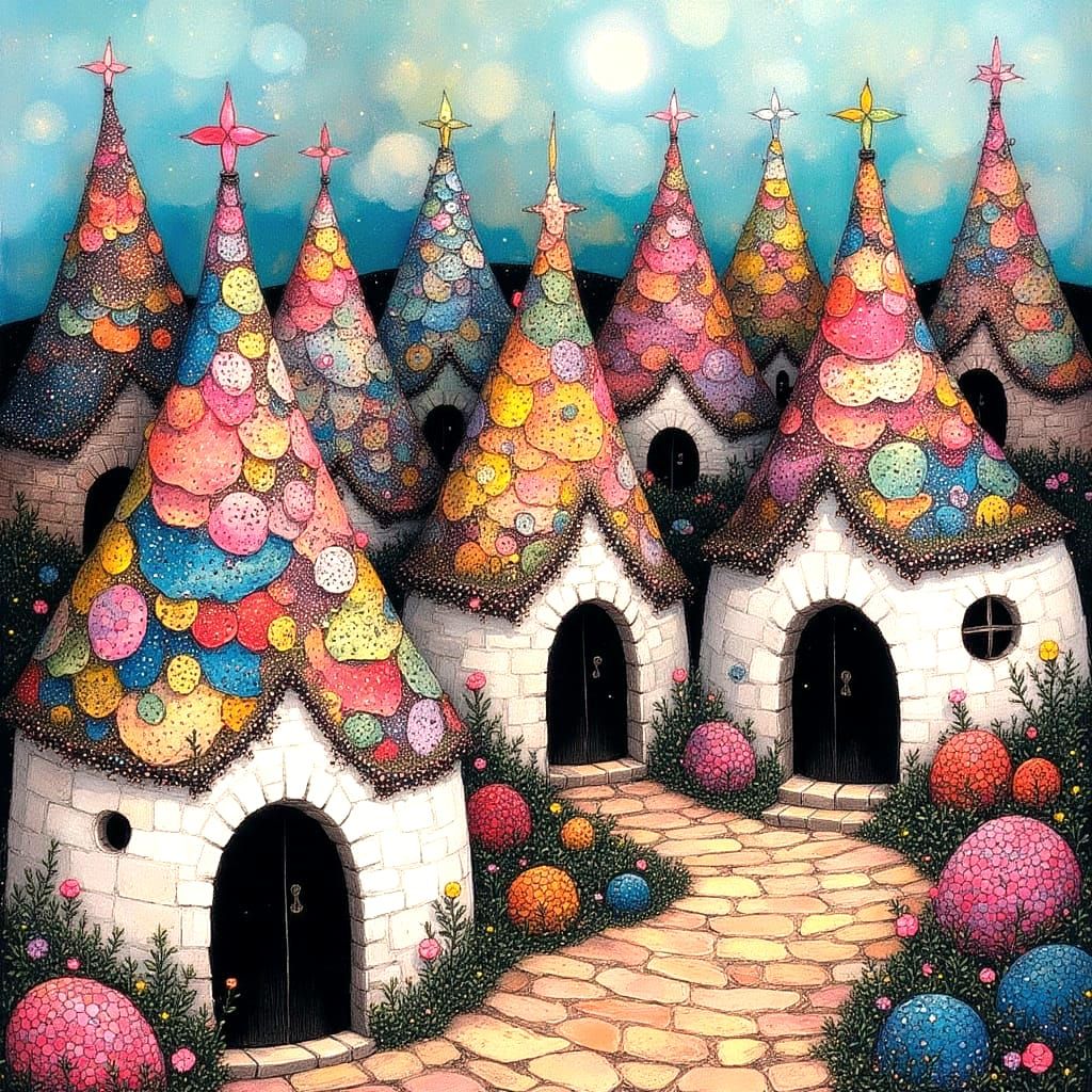 Whimsical Trulli Village in Vibrant Charcoal Style