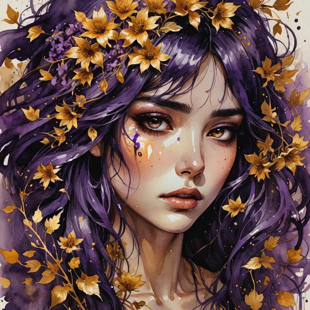 Crying Woman with Purple Hair and Golden Flowers