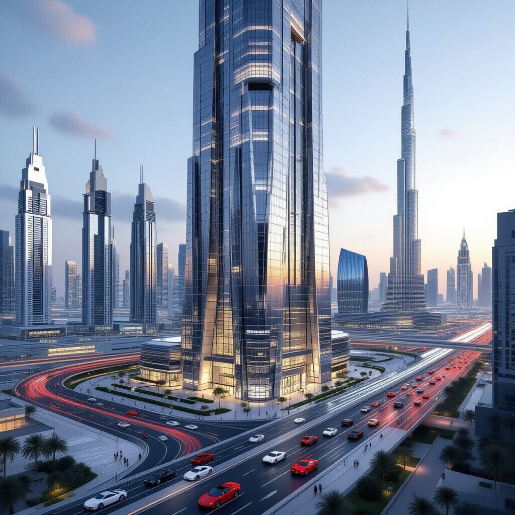 Futuristic Transparent Tower Overlooking Dubai-Style Citysca...