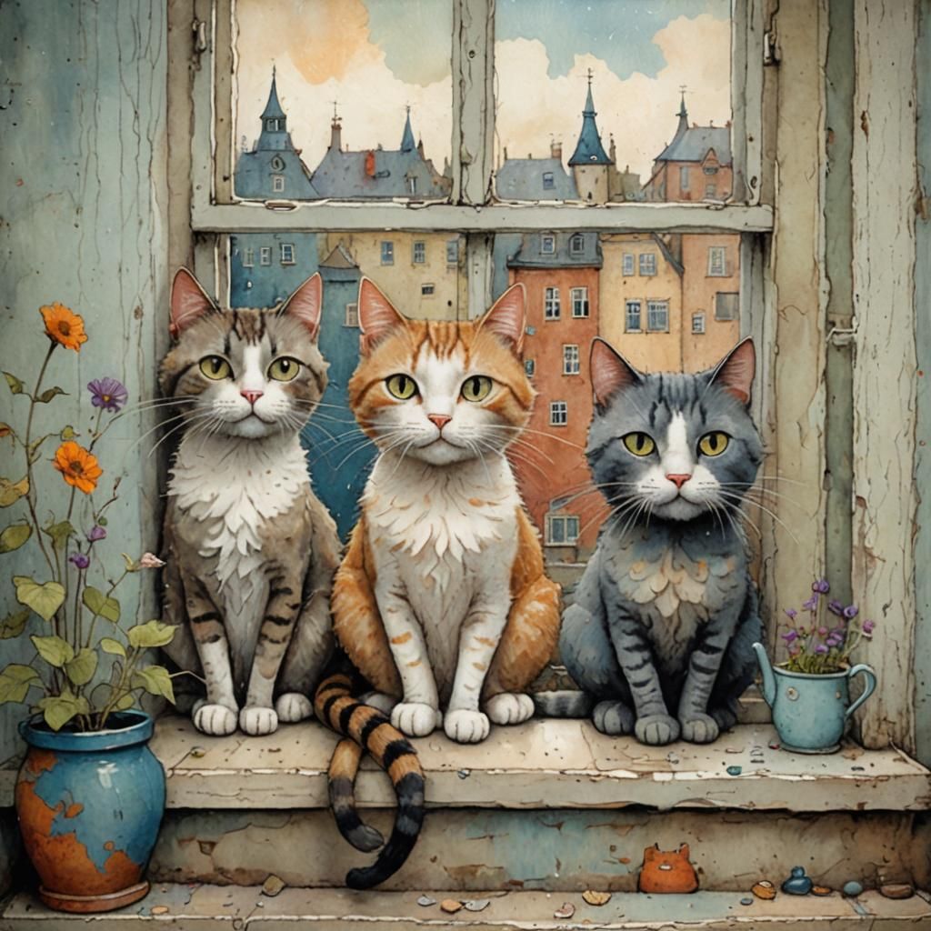 Whimsical Cats on Windowsill: Magical Illustration