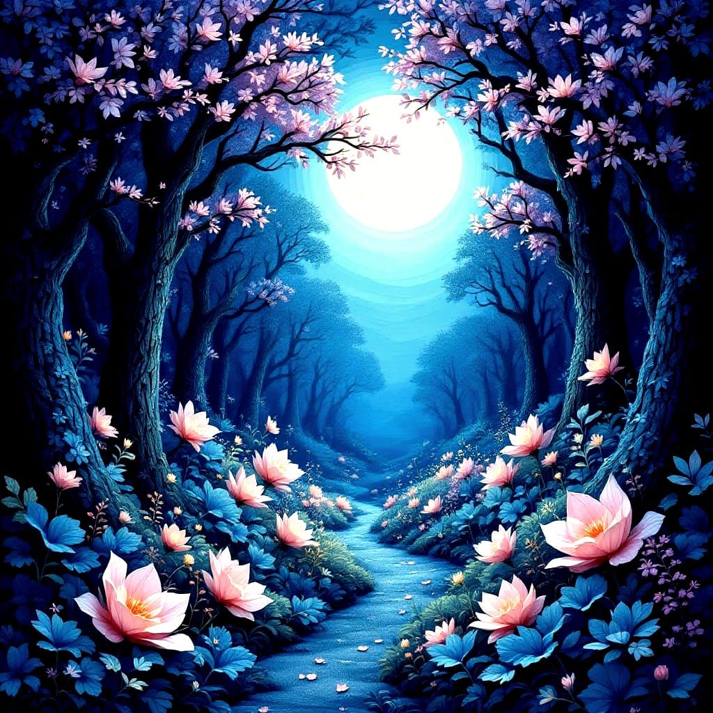 Deep Blue Forest at Night in Naive Art Style