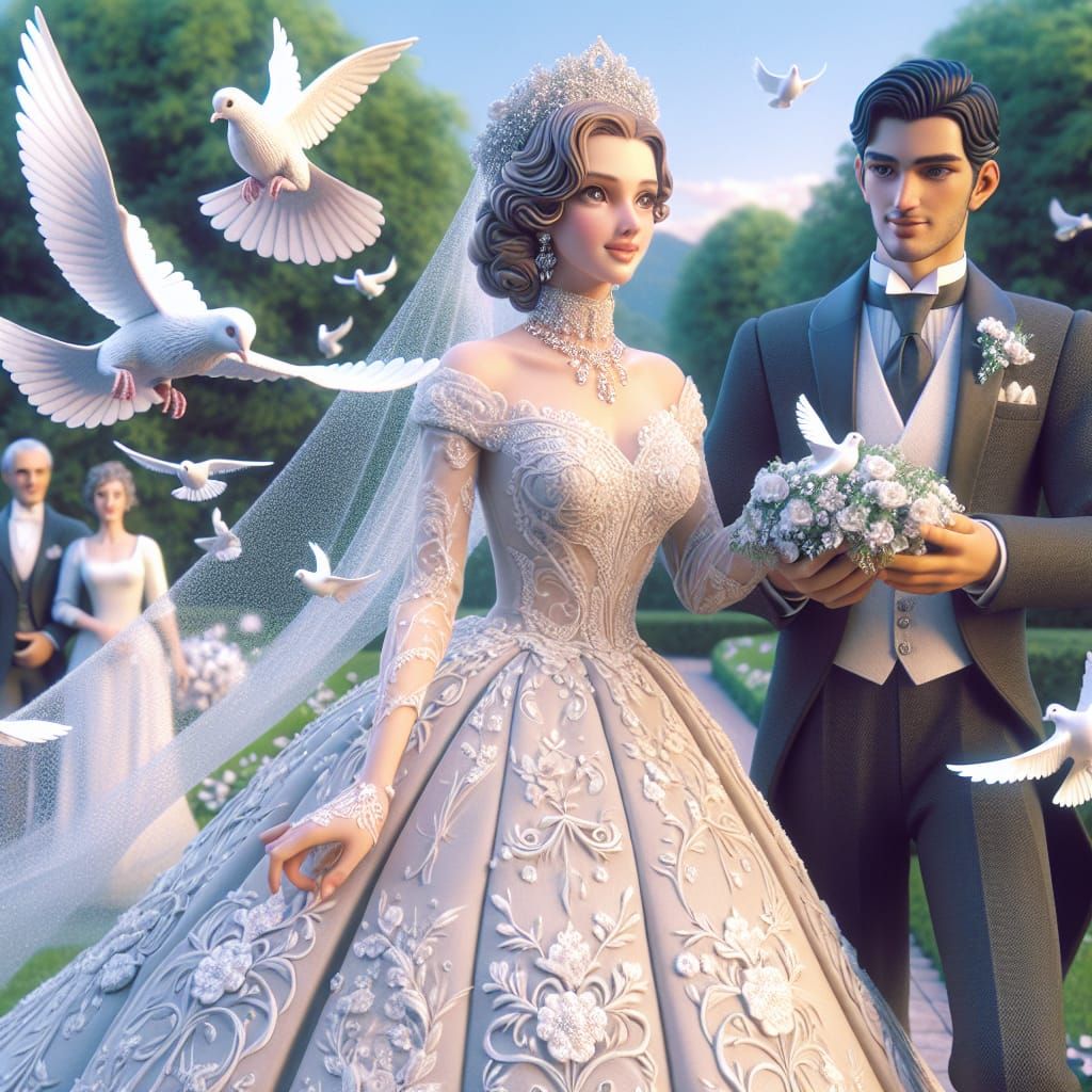 Disney Pixar style 3D beautiful bride and handsome groom, releasing gorgeous white doves on their wedding day, outside w...