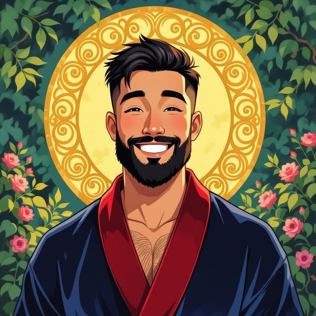 Man in Velvet Robe in Art Nouveau Garden