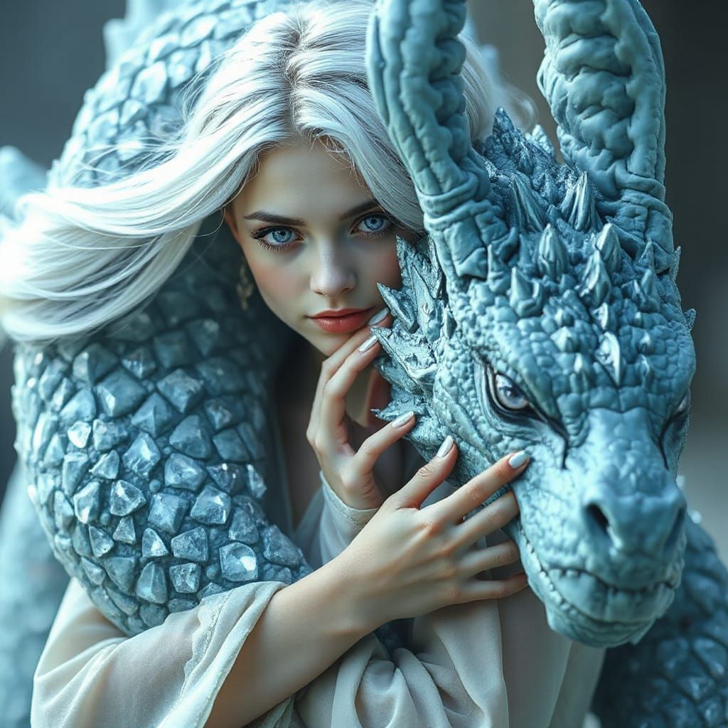 Ethereal Woman Embraces Ice Dragon in Fantasy Art