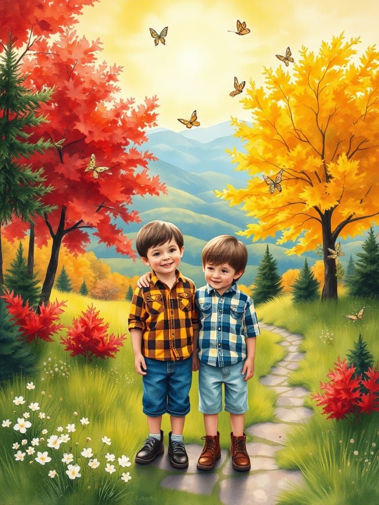 Joyful Twin Boys Amidst a Vibrant Landscape