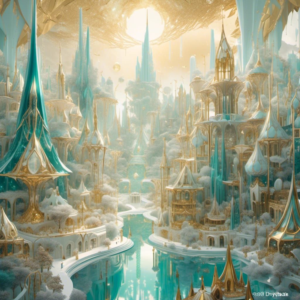 Celestial Crystal City with Golden Unicorn