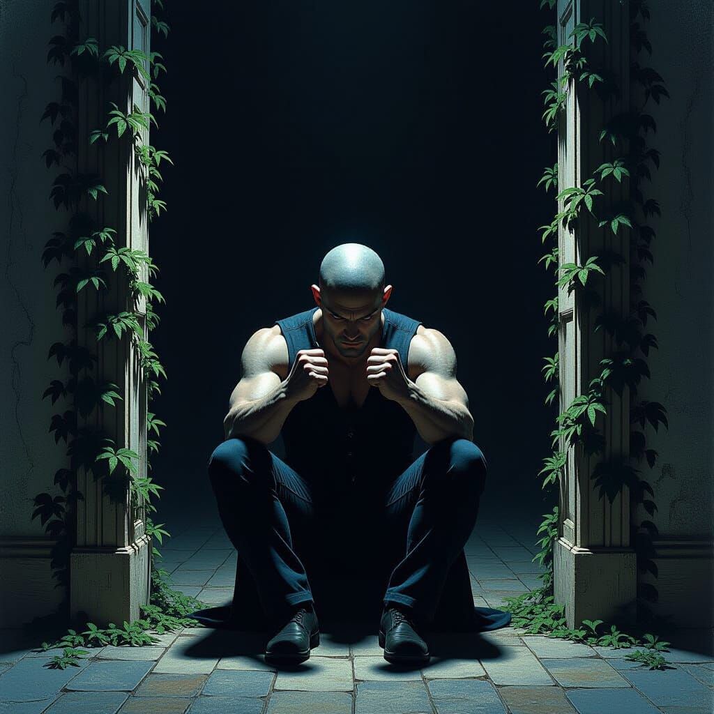 Dark Figure in Ivy Room: Haunting Expressive Art