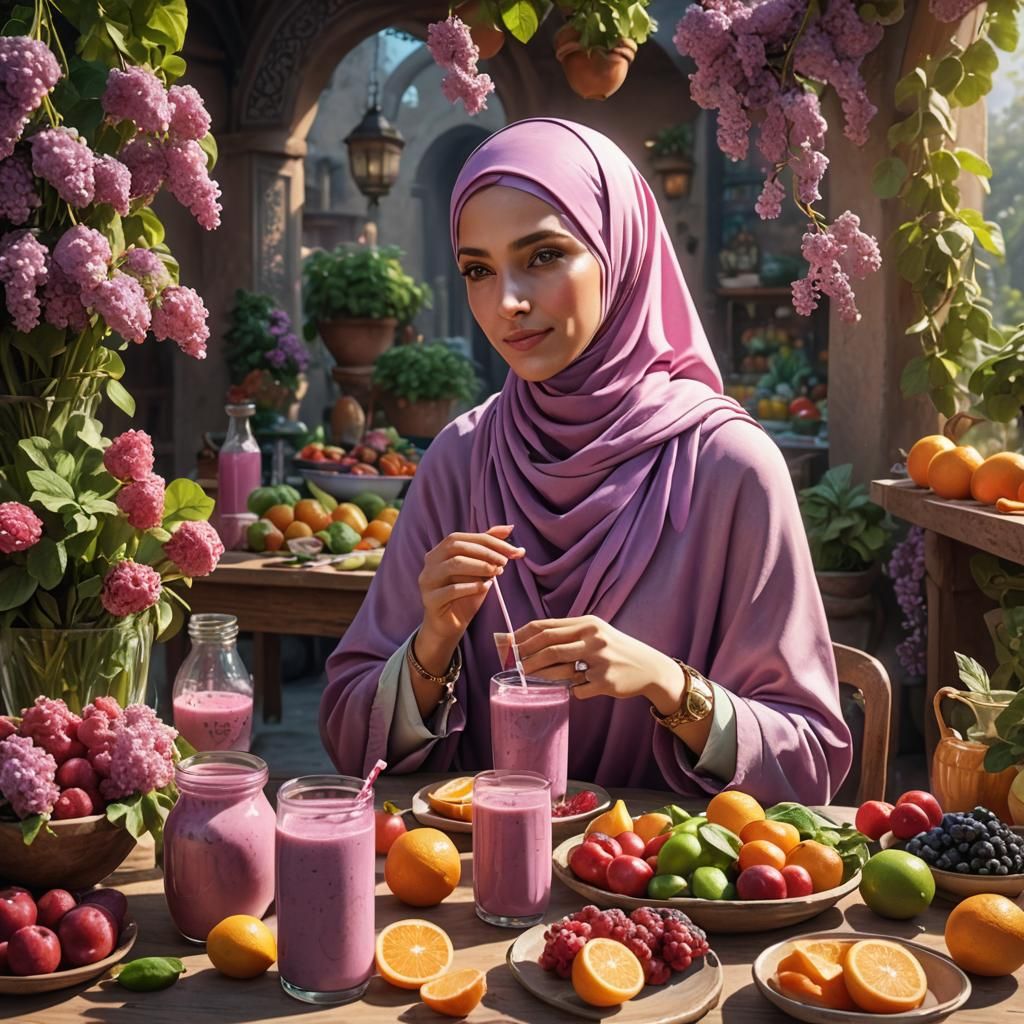 Woman in Hijab Enjoying Smoothie: Detailed Matte Painting