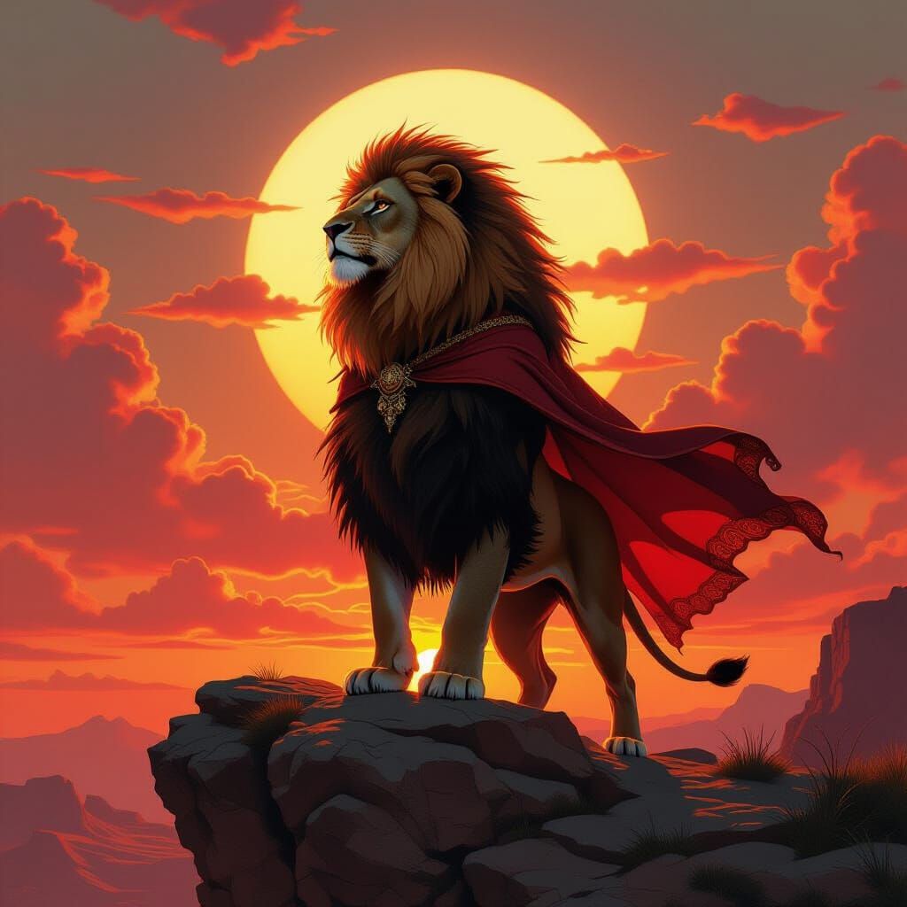 Fiery Lion on Cliff at Sunset in Art Nouveau Style