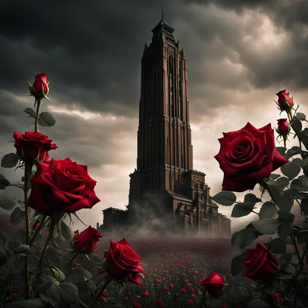Hyperrealistic Dark Tower Surrounded by Roses