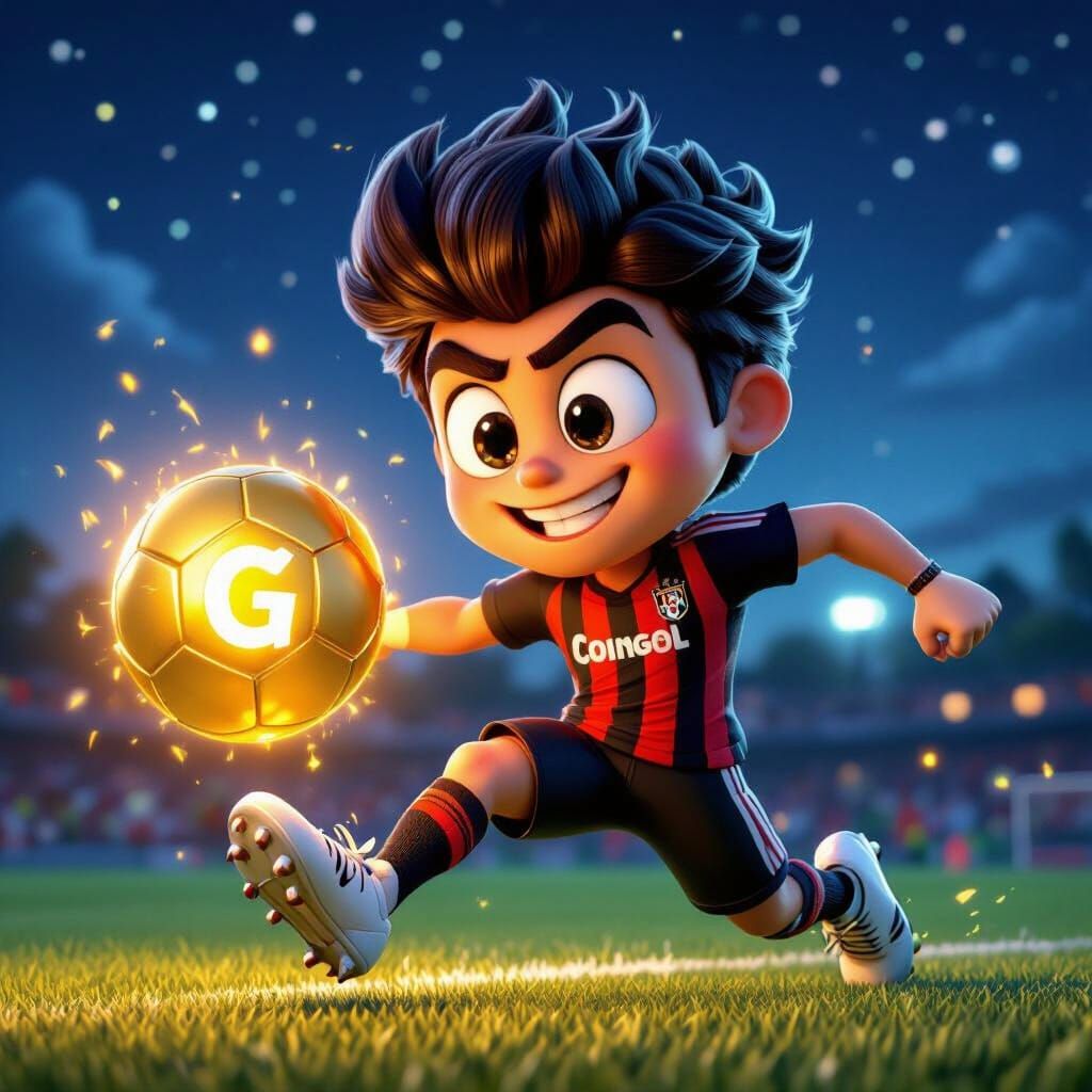 3D Cartoon Footballer Kicking Glowing Golden Ball