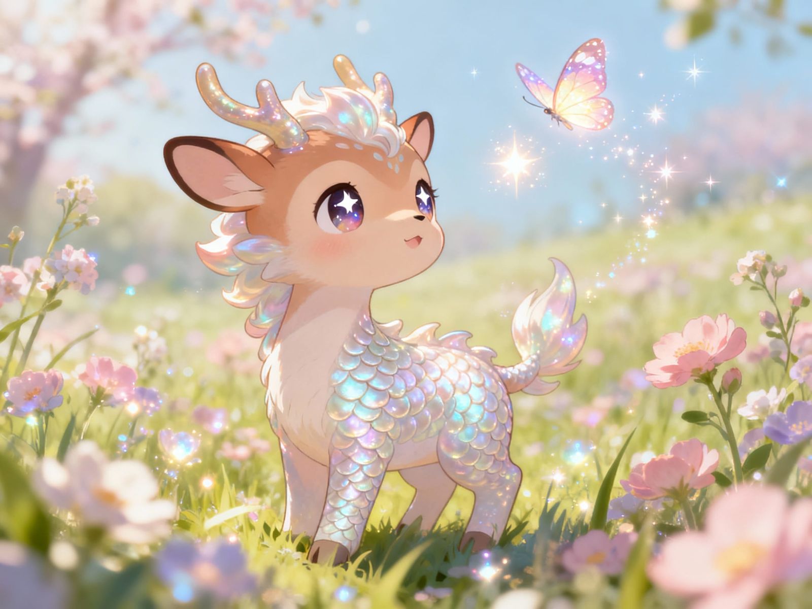 Adorable Baby Qilin Chasing Butterflies in Magical Meadow