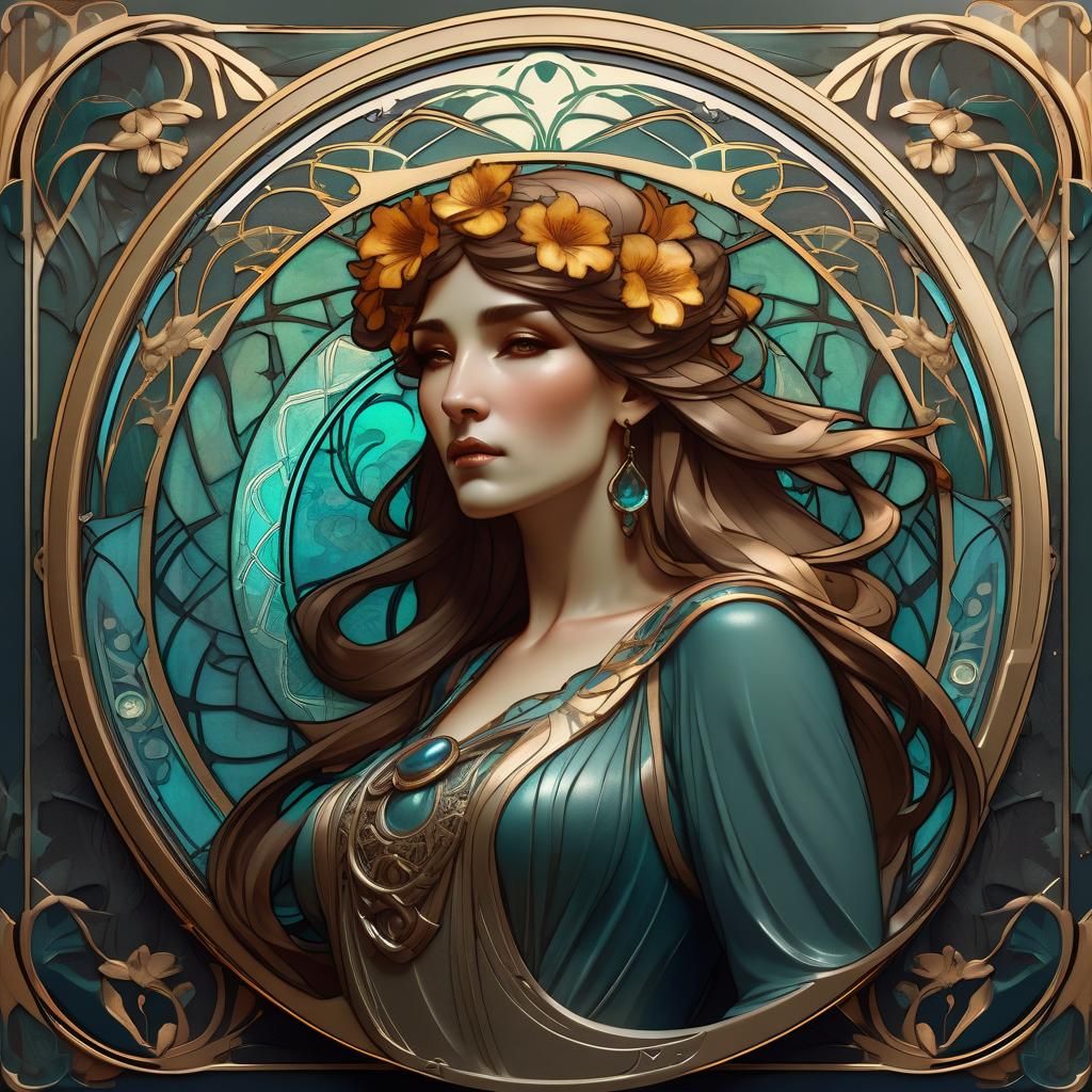 Art Nouveau Fantasy Plaque in Alphonse Mucha Style