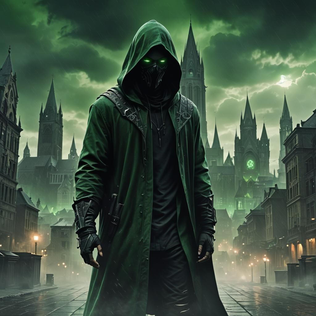 Hooded Cyber Criminal in Gothic Cityscape