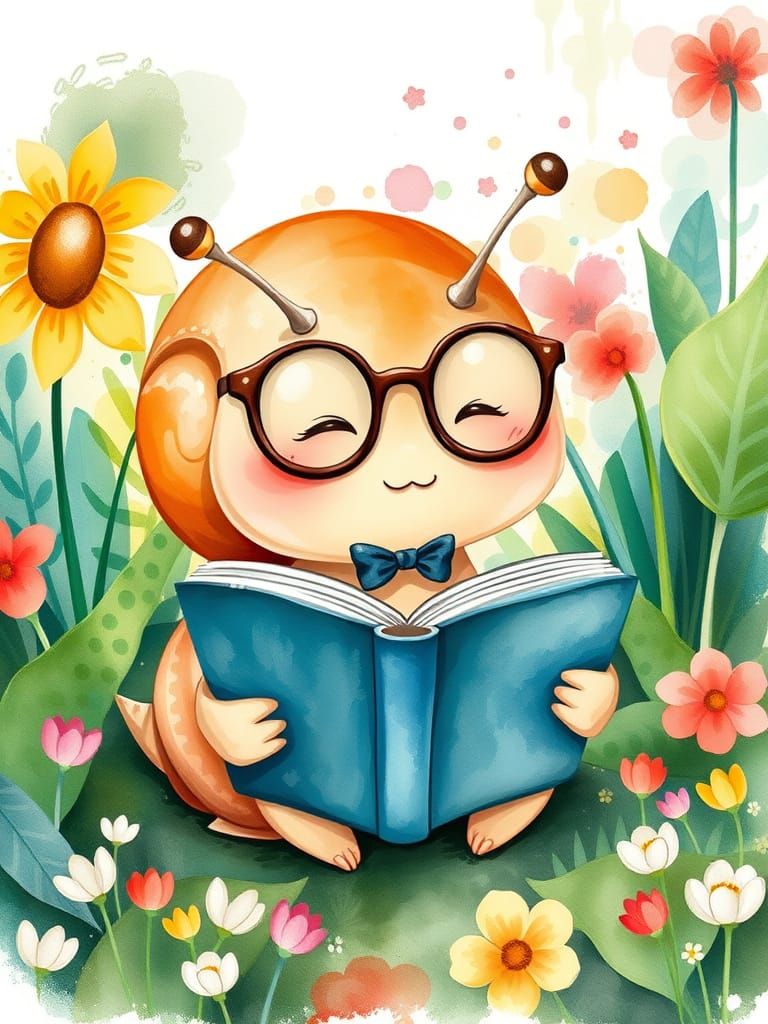 Chibi Snail Reads in Watercolor Garden