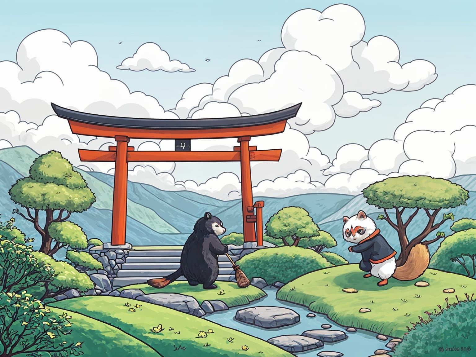 Zen Garden Cartoon with Tanuki Gardener