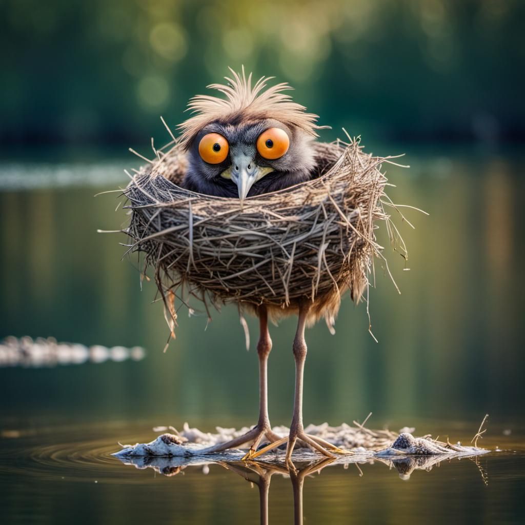Funny Scruffy Bird in Nest on Lake Portrait