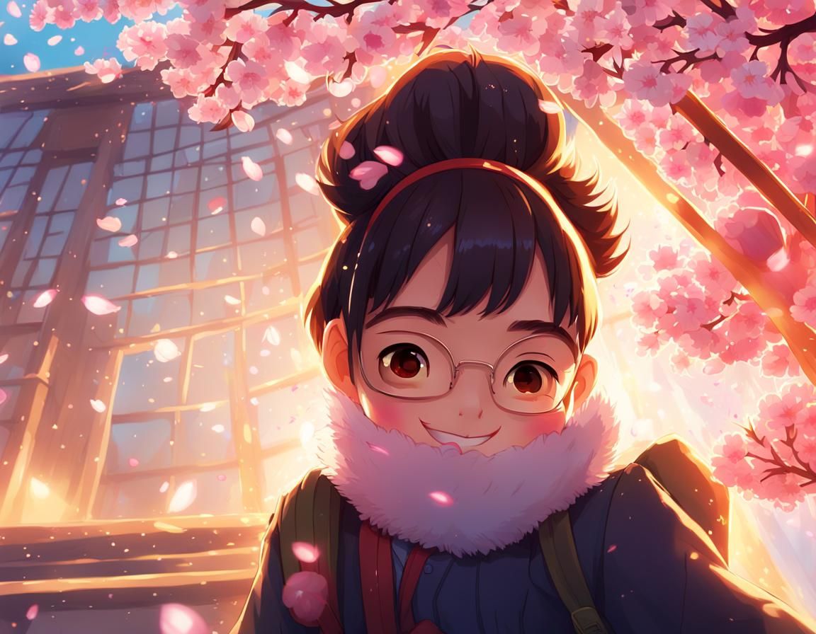 Vibrant Schoolgirl Portrait with Cherry Blossom Lantern