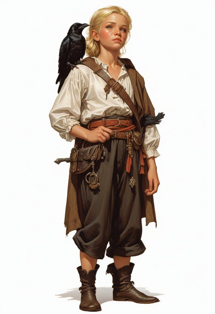 Female Cabin Boy and Raven in Detailed Illustration Style