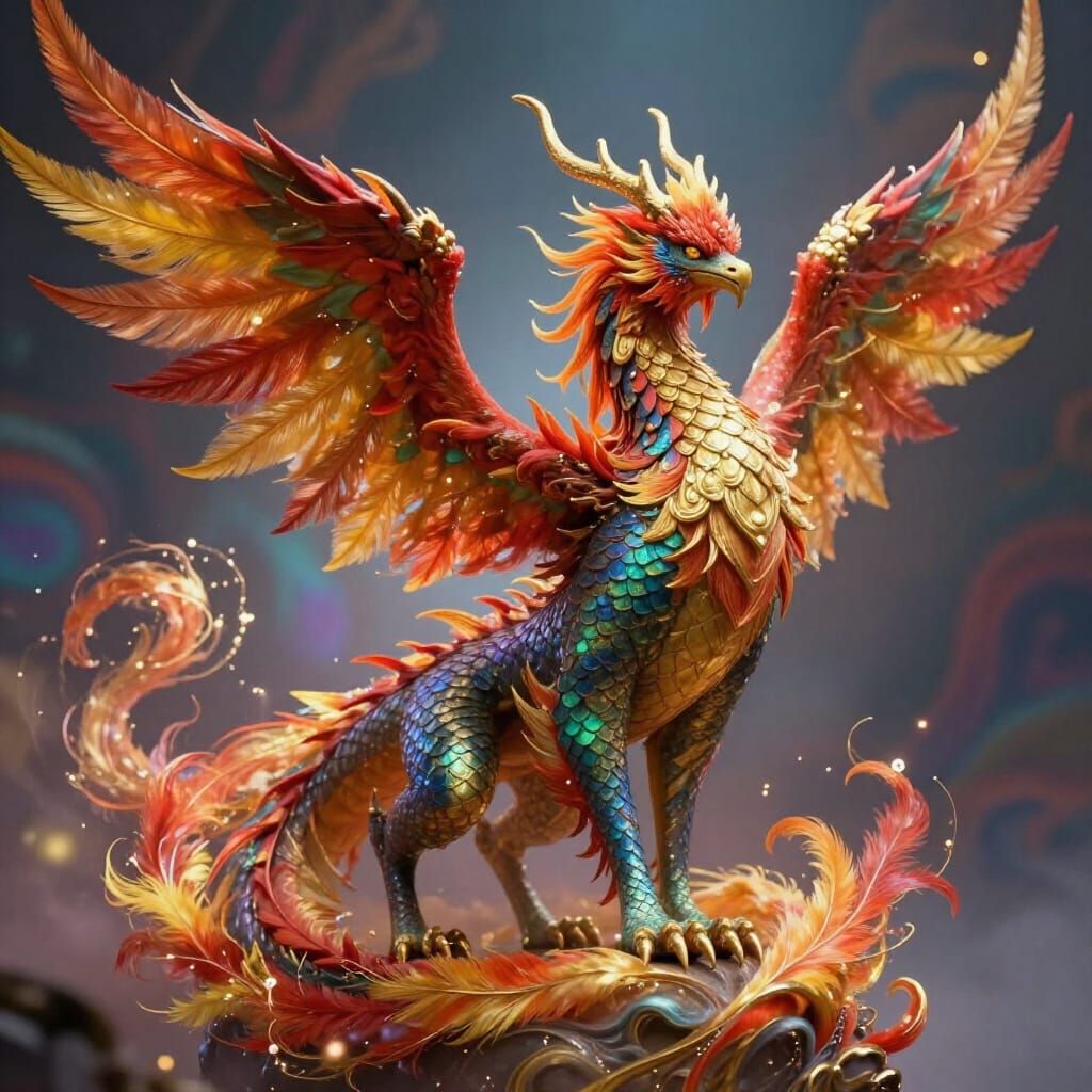 Majestic Dragon Phoenix Hybrid in Fantasy Illustration