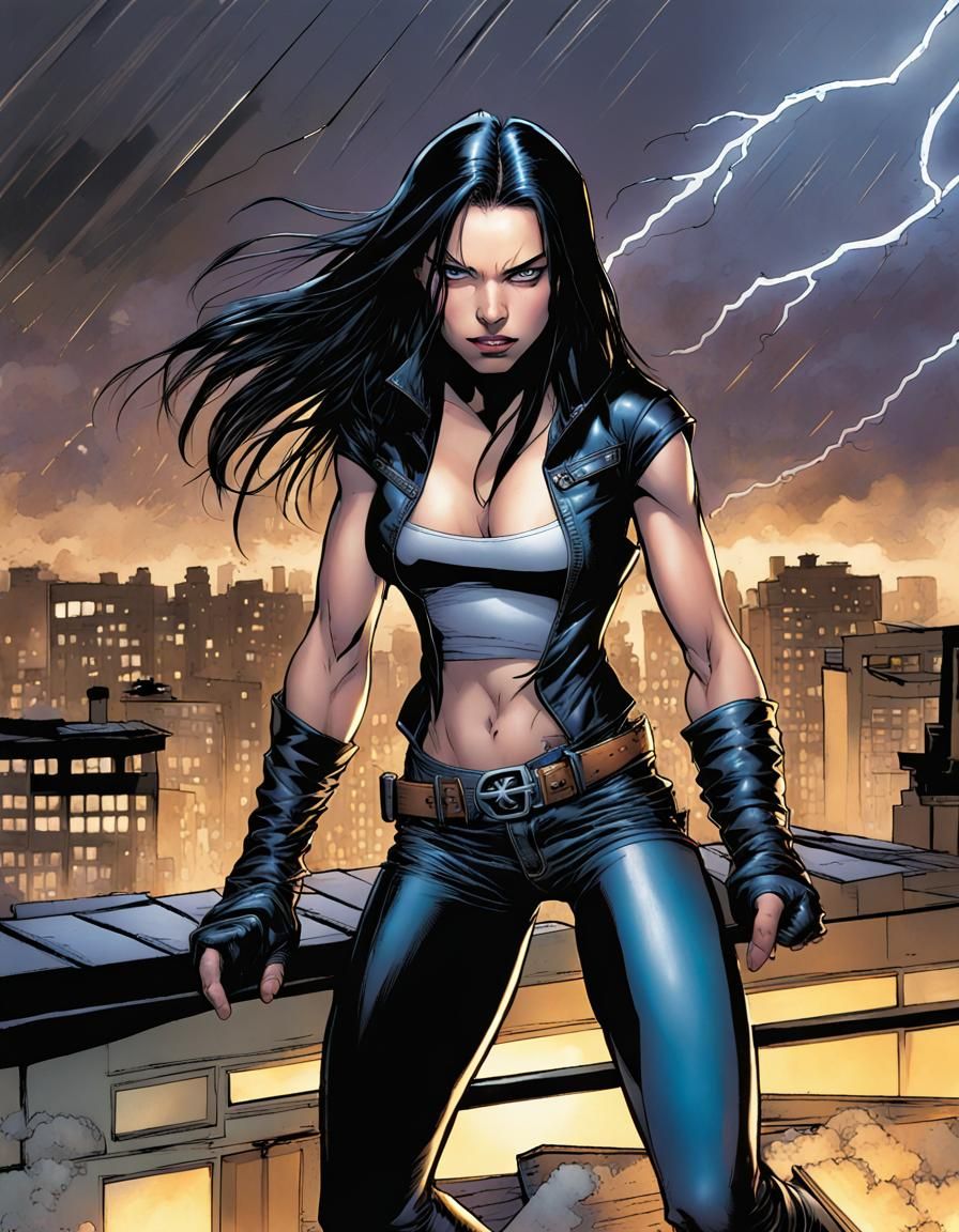 X-23 on Rooftop in Stormy Night, Comic Book Style