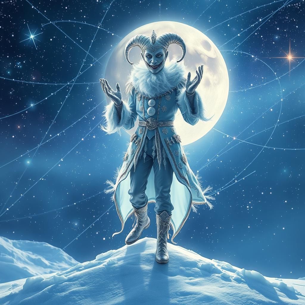 Snow Jester in Frozen Landscape: Pablo Amaringo Style