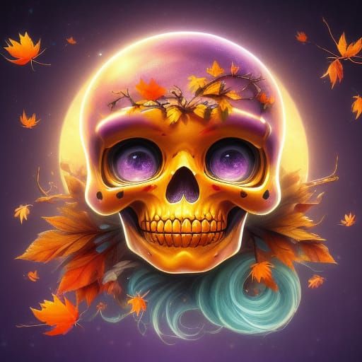 Whimsical Purple and Orange Skeleton Face in Autumn Watercol...