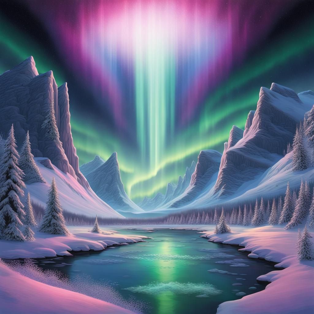 Heart-Shaped Utopia: Aurora Borealis and Rainbow Waterfall