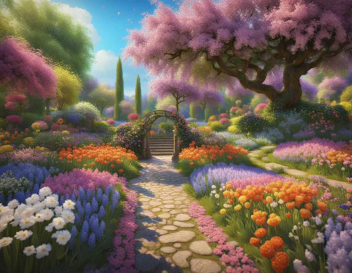 Impressionist Garden Painting with Spring Flowers