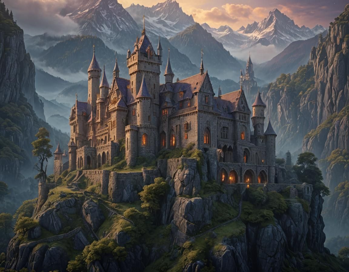 Moonlit Medieval Castle in Misty Landscape