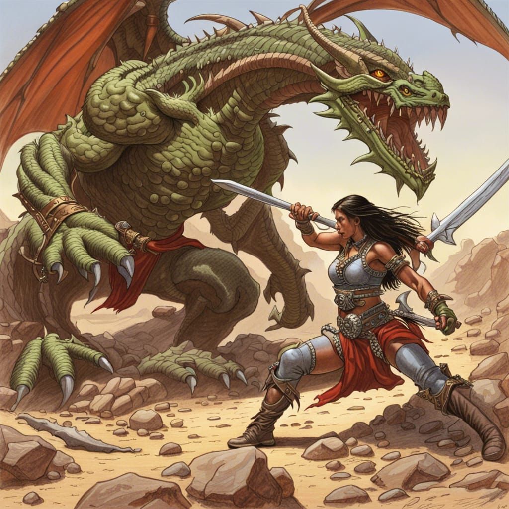 Orc Warrior Woman Fighting Dragon in Fantasy Art