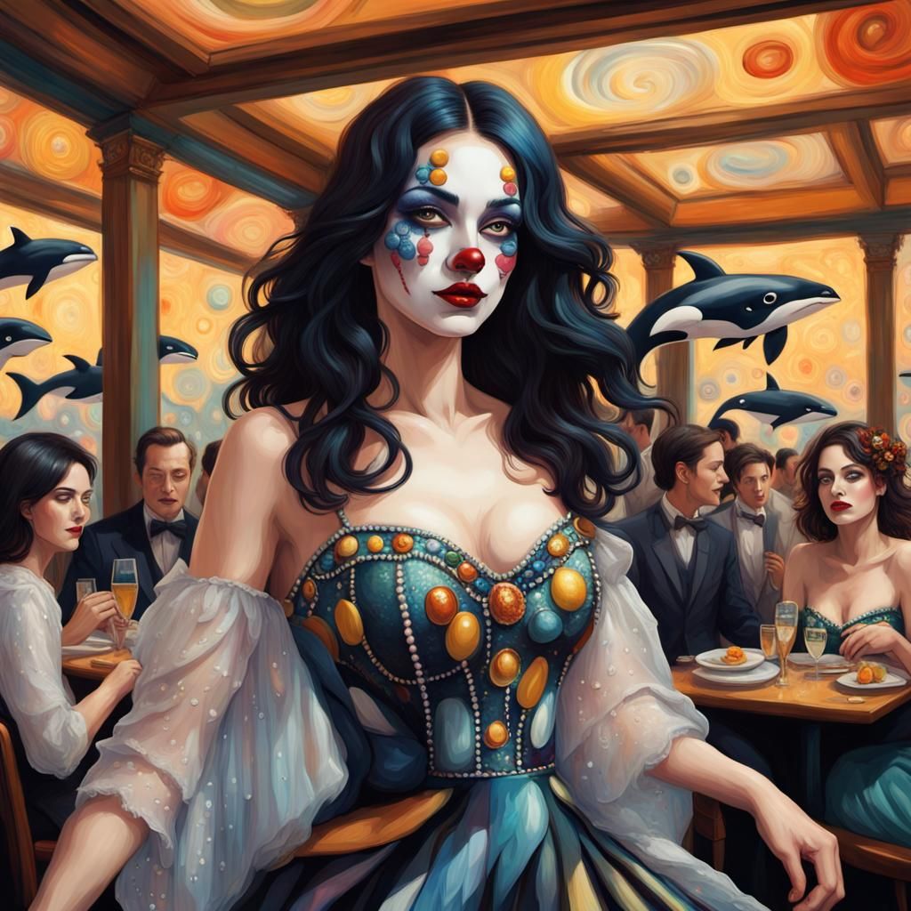 Klimt-Inspired Clown with Orcas in Hyperrealistic Style