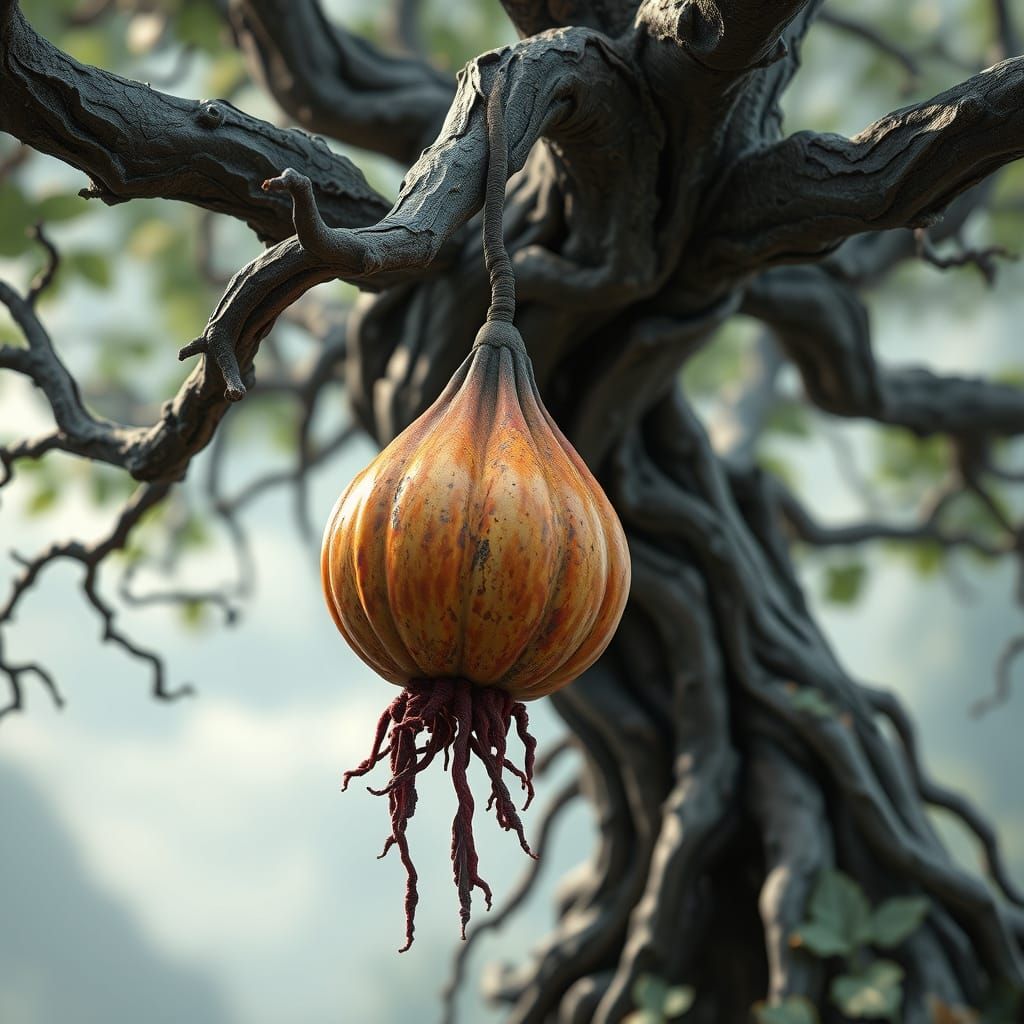 Toxic Fruit on Decaying Tree in 3D Anime Style