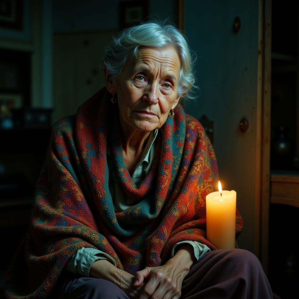 Elderly Woman in Candlelight, Photorealistic Portrait