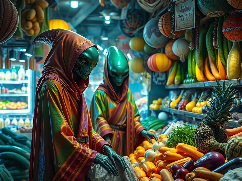 Alien Market Scene with Exotic Goods