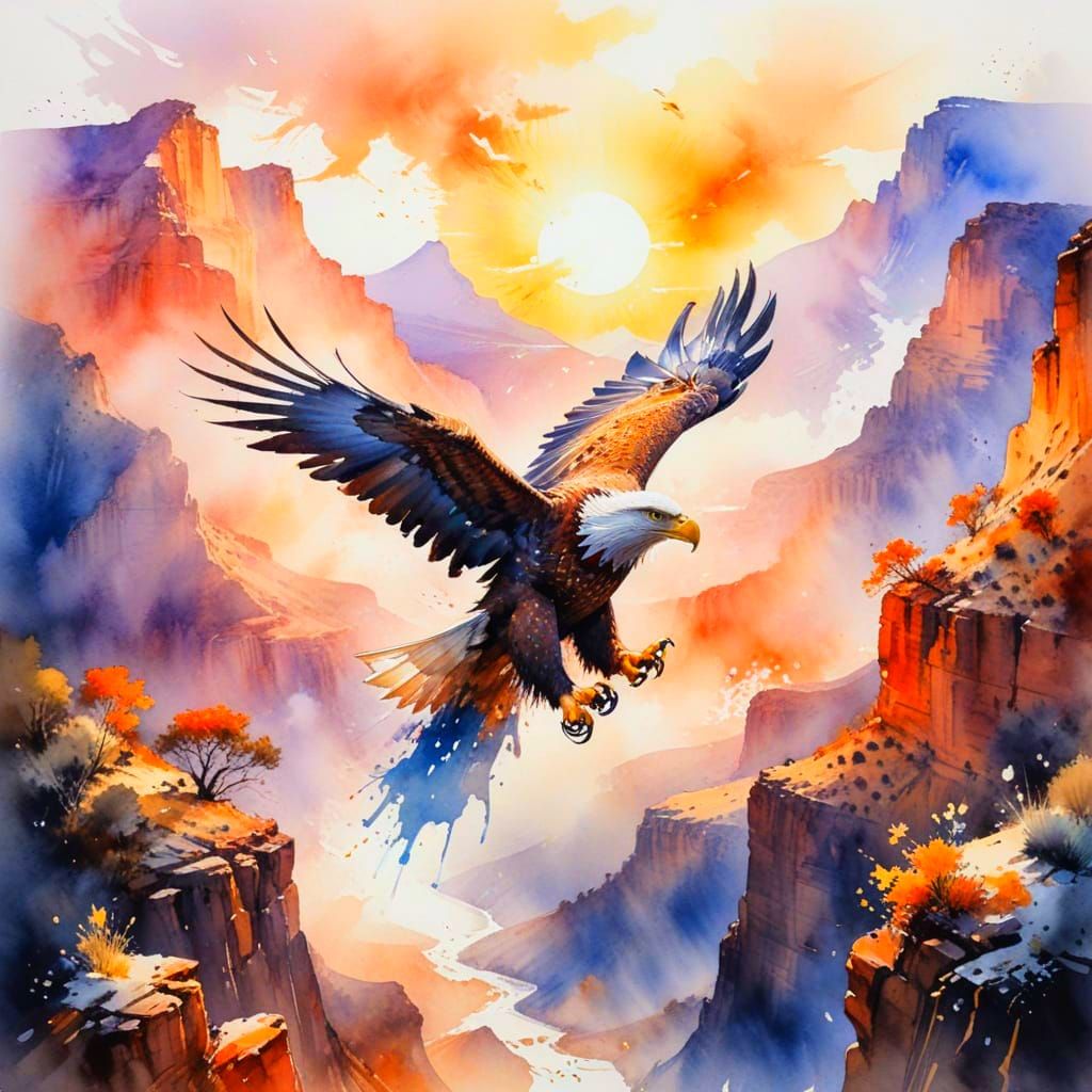 Majestic Eagle Amidst Sunrise Silhouettes in Vast Canyon Lan...