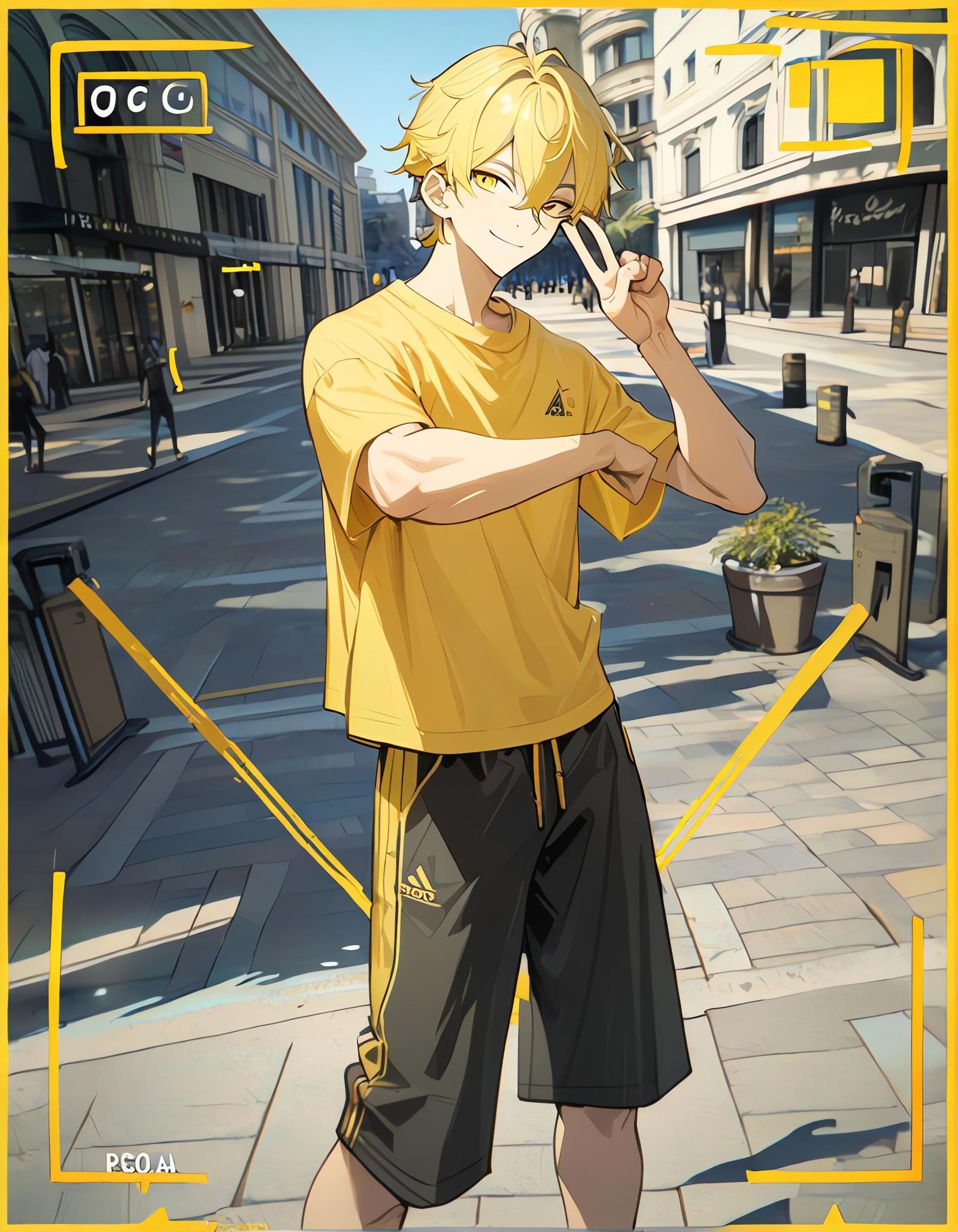 Yellow-Themed Boy Smiling in Sunny Plaza