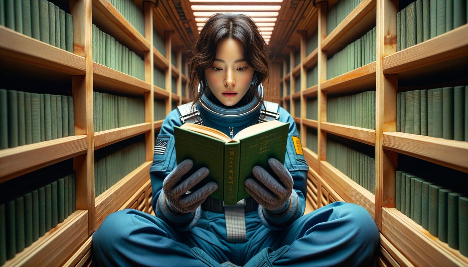 Korean Woman Reading in Zero-Gravity Starship