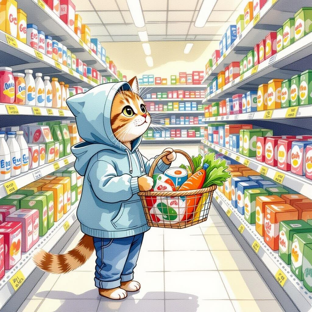 Cat Shopper in Supermarket, Whimsical Digital Art