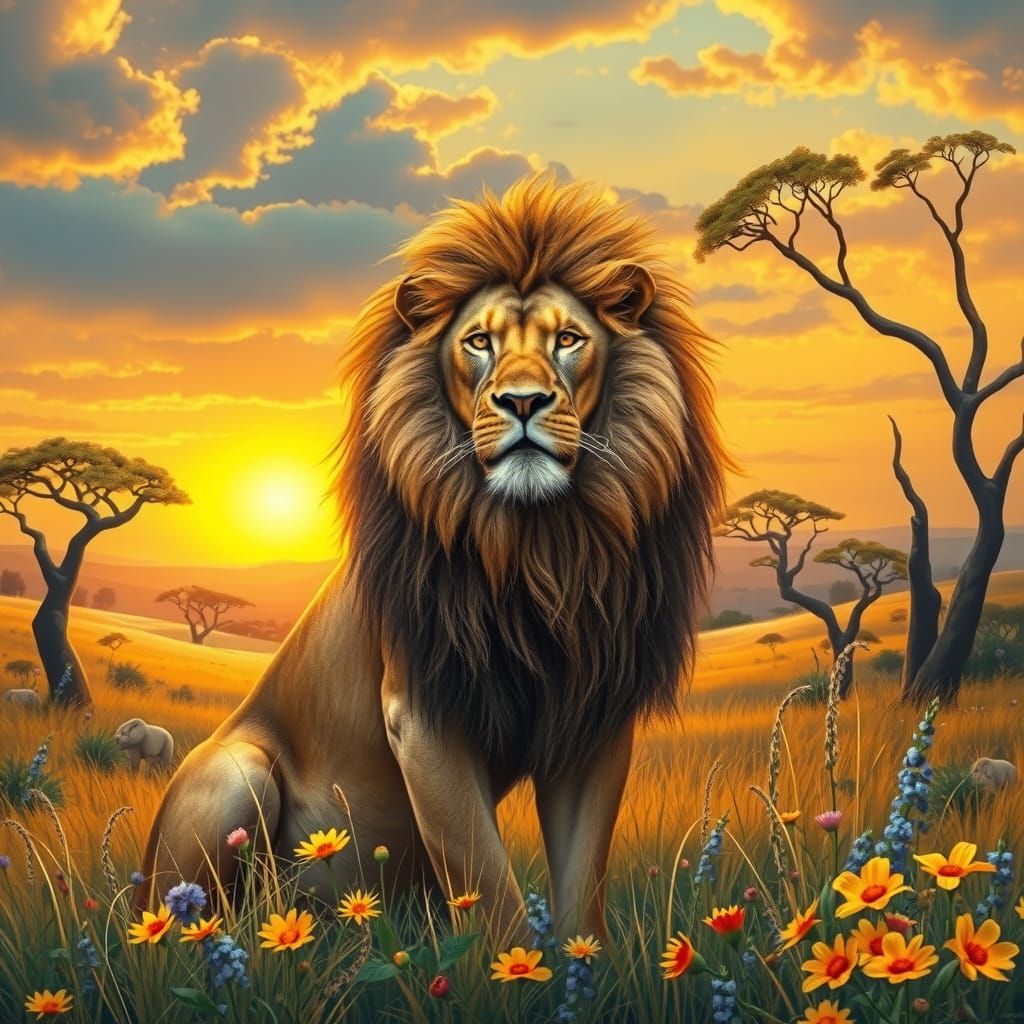 Majestic Lion in Dreamlike Savannah Landscape