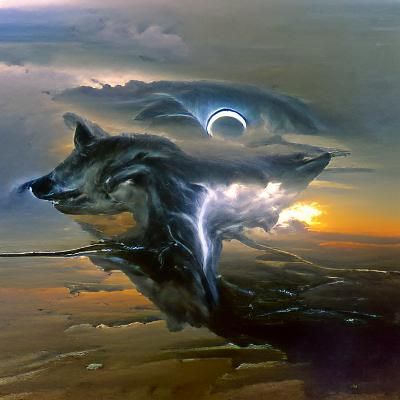 Wolf Howling at Eclipse in Lightning Storm
