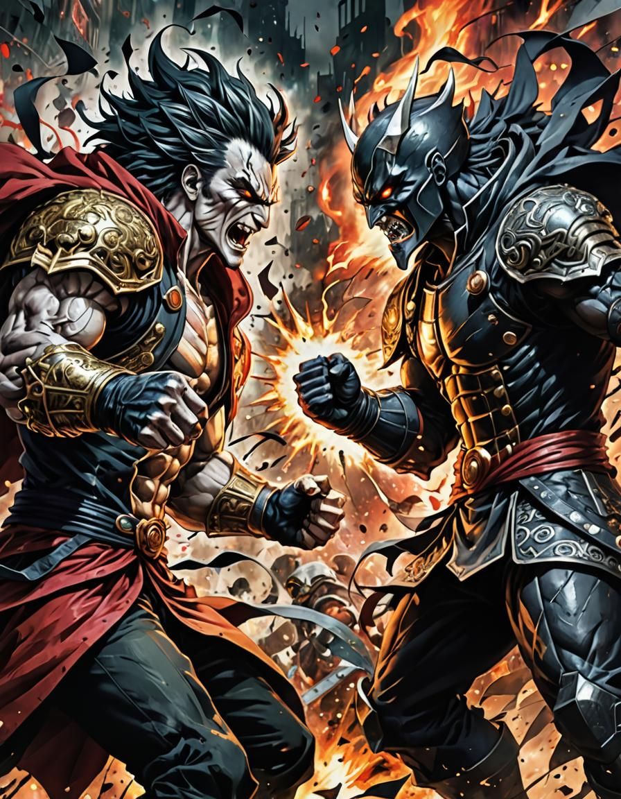 Epic Villain Battle in Grungy Manga Style