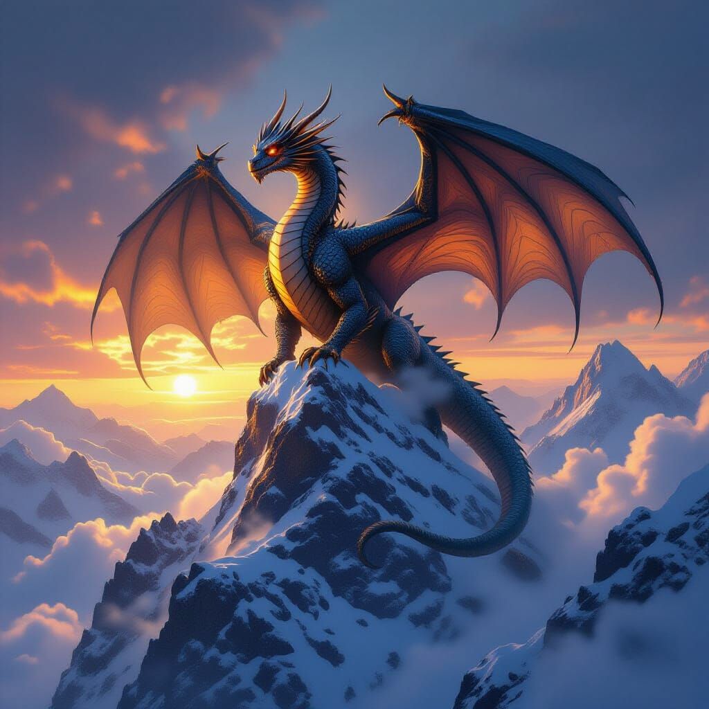 Colossal Obsidian Dragon on Snowy Mountain Peak