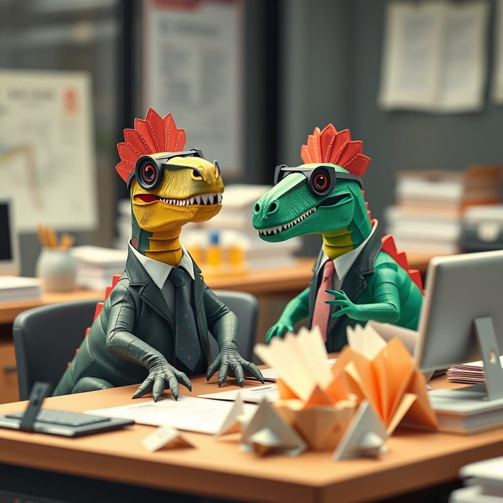 Dinosaurs in Business Attire: An 8K Papercraft Office Scene