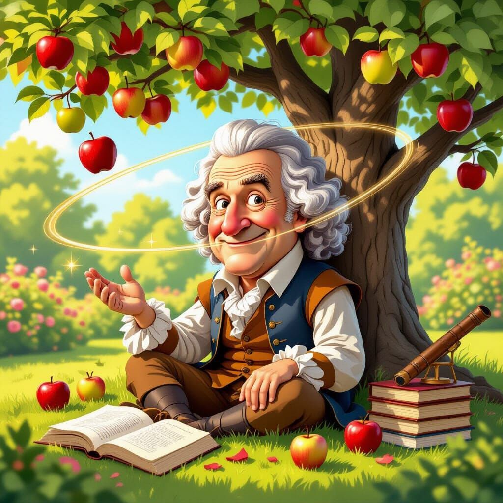 Isaac Newton's Gravity Discovery Caricature in Garden