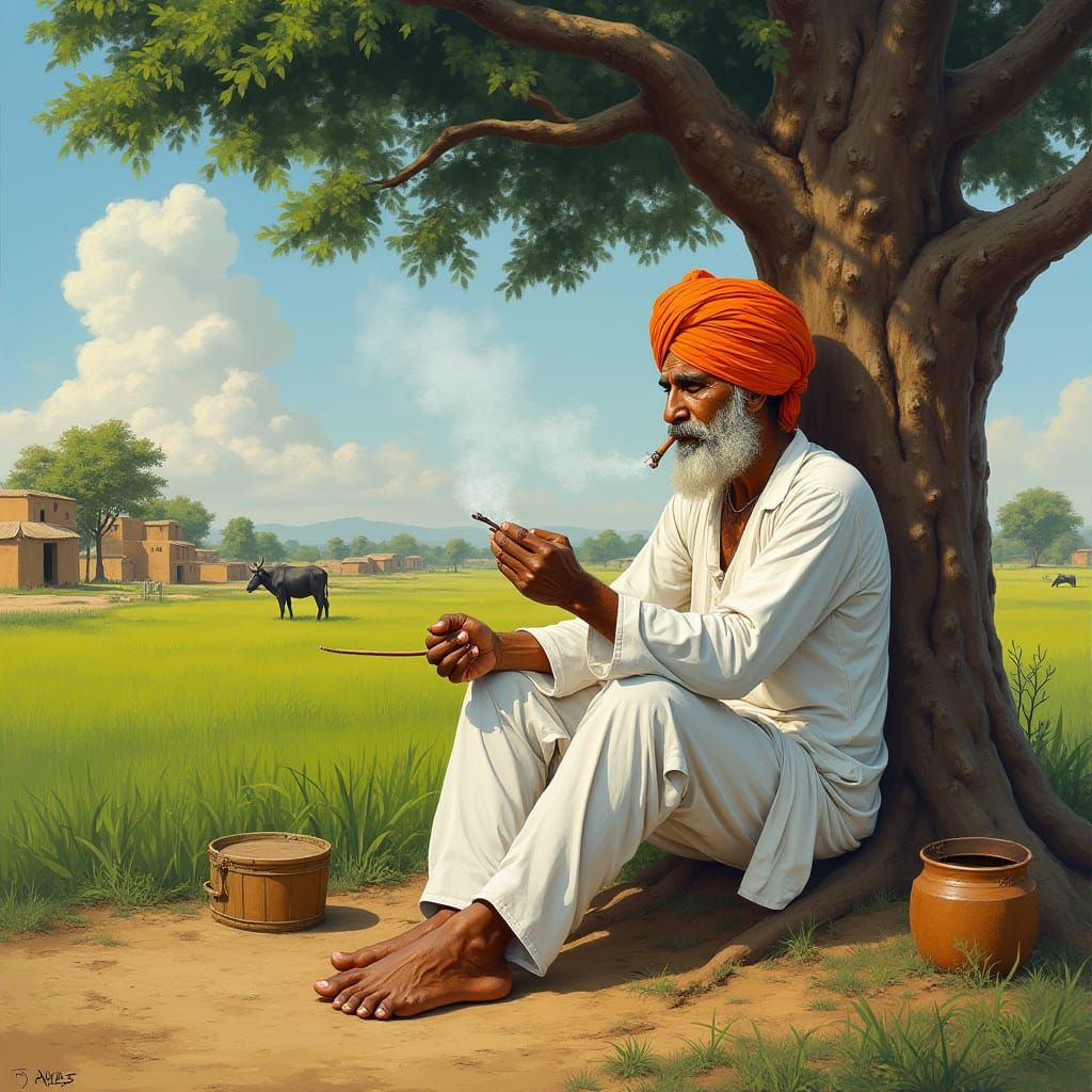 Punjabi Man on Charpai in Sunny Rural Village