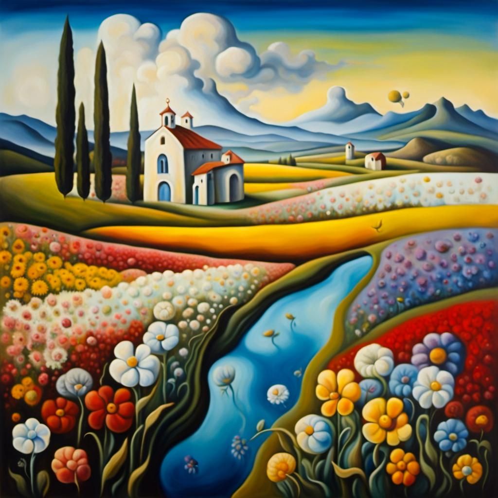 Surreal Flower Field in Salvador Dali Style