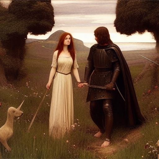 Knight and Maiden in Pre-Raphaelite Style