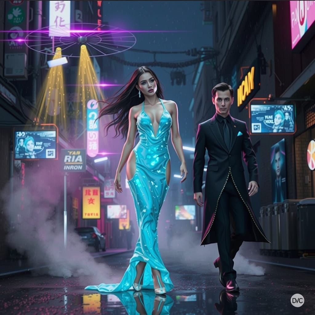 Cyberpunk Woman in Turquoise Gown Amidst Neon Lights