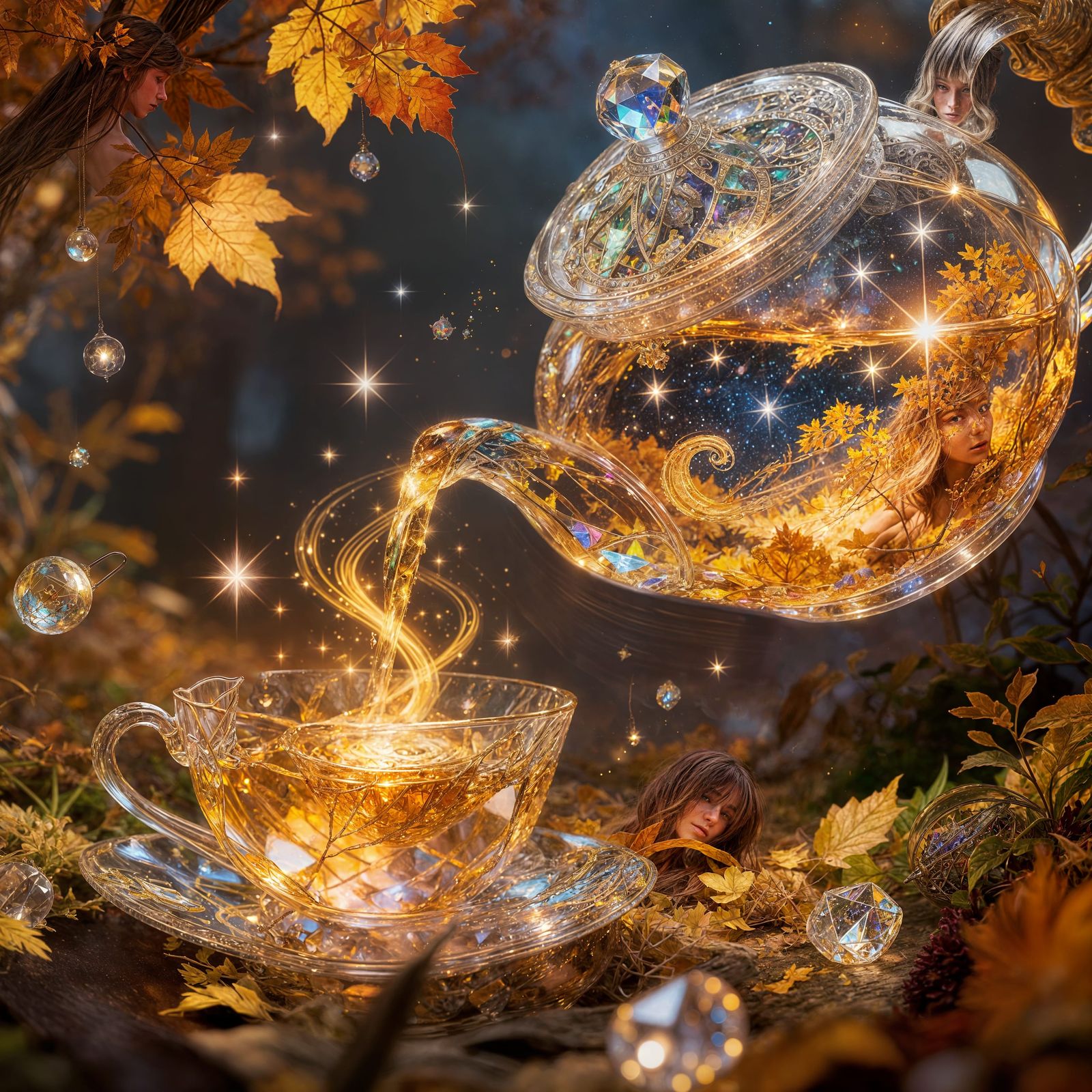 Autumn Landscape Pours from Crystal Teapot in Starlit Fantas...